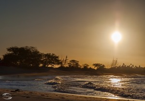 Bild von auslaufenden Wellen am Strand "Praia de Tourinhos" mit der Sonne im Hintergrund