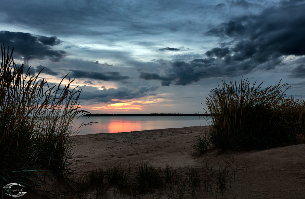 Blick vorbei an Dünengras über das Wasser an einem Strand zur Blauen Stunde mit Wolken am Himmel