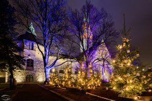 Bild mit derm finnischen Nationalmusem im Hintergrund und beleuchteten Weihnachtsbäumen im Vordergrund