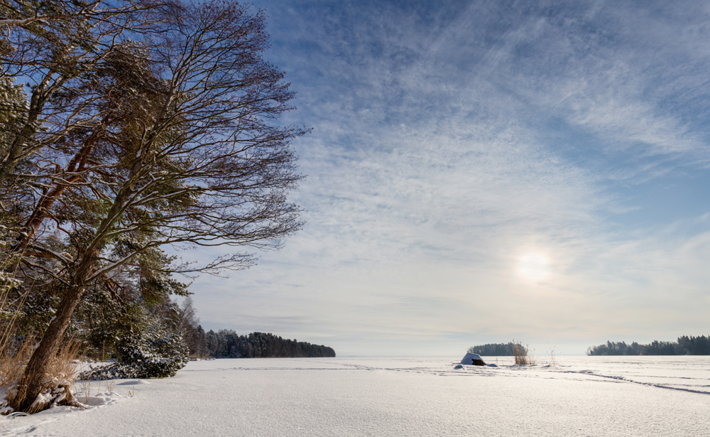 Blick über einen verschneiten See vom Ufer aus