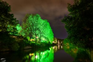 Blick auf die Pegnitz in der Nacht mit einem grün beleuchteten Baum am linken Ufer