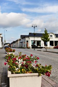 Straße mit Blumenkübeln am Rand